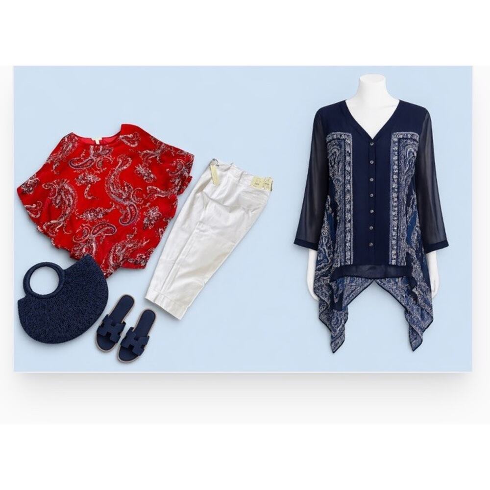 3 Pcs.Summer Capsule Outfits White Capri Pants, Blue Red Tunic Tops Plus 16W 1X - Picture 2 of 15